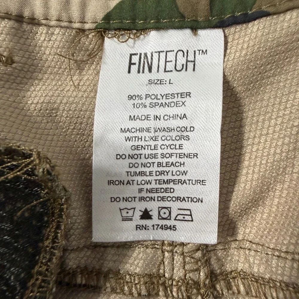 Fintech Mens‎ Camo Performance Fishing Shorts Green Brown Large Zipper Pockets